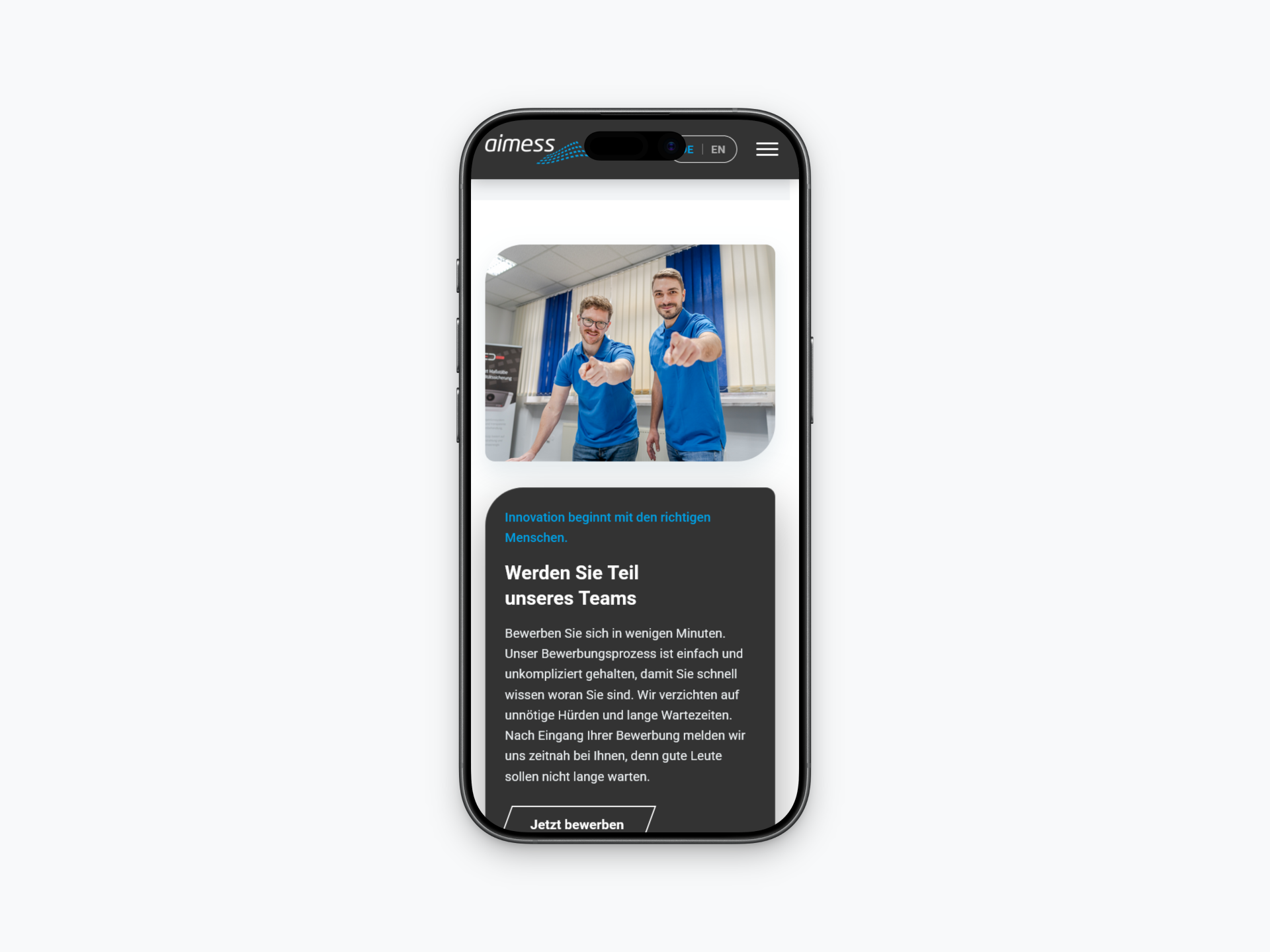 Der Karrierebereich der neuen aimess-Website auf einem iPhone