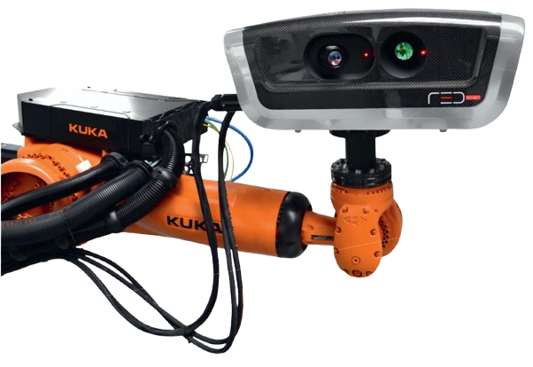 R3Dscan auf orangem KUKA-Roboterarm